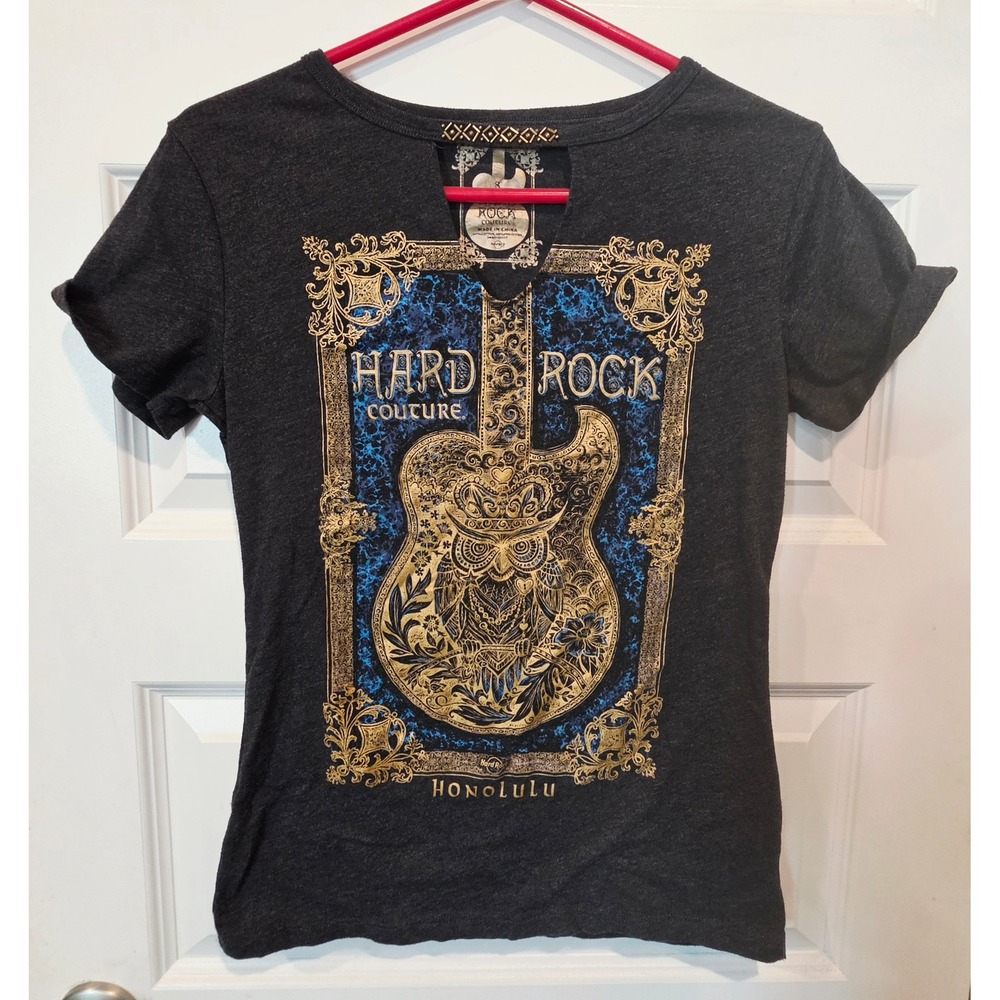 Hard Rock Couture Graphic Tee Women S Charcoal Cotton Blend Boho Honolulu  y2k